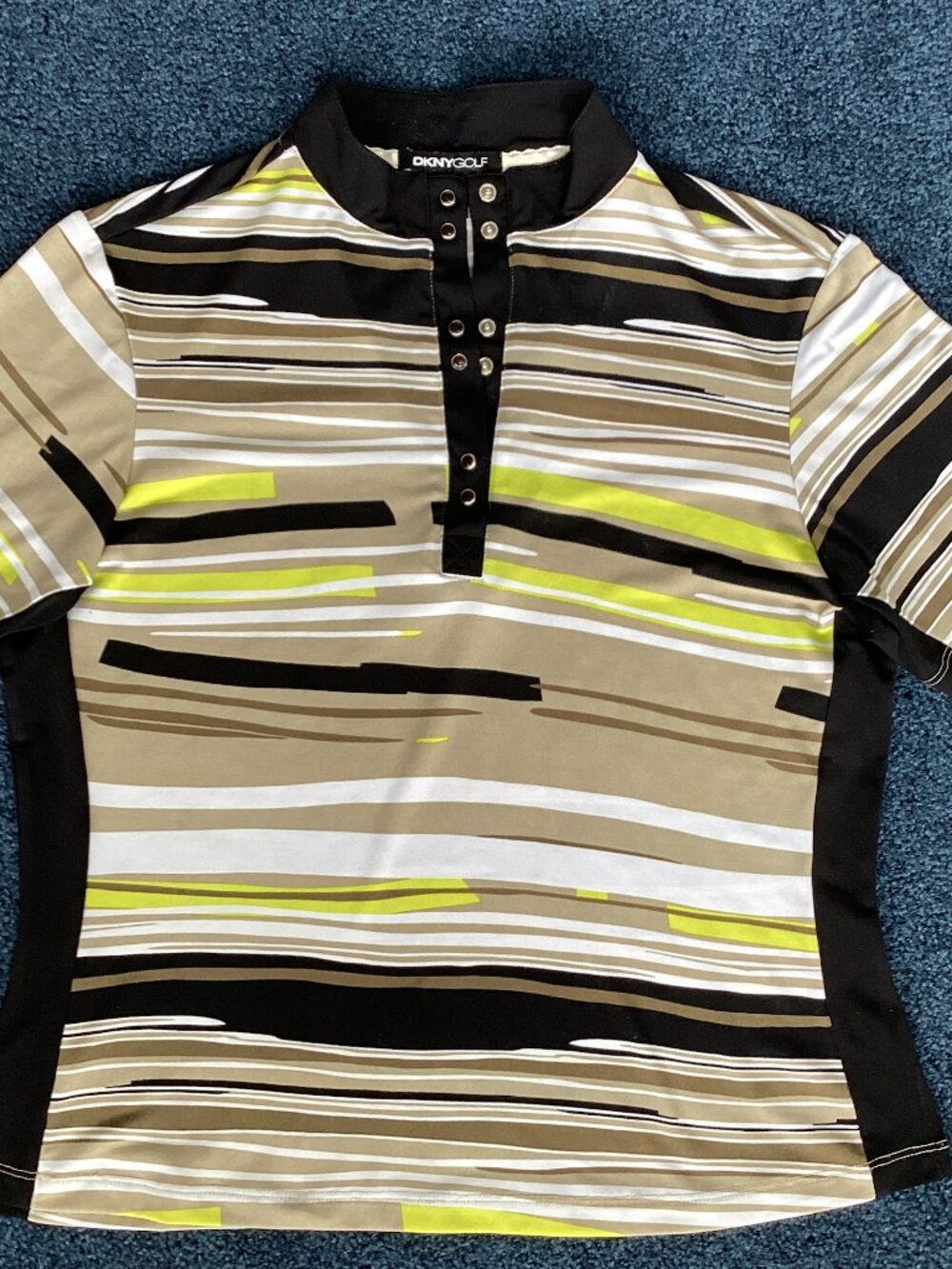 DKNY Golf Black-tan-white-yellow Striped Golf Shirt - Small